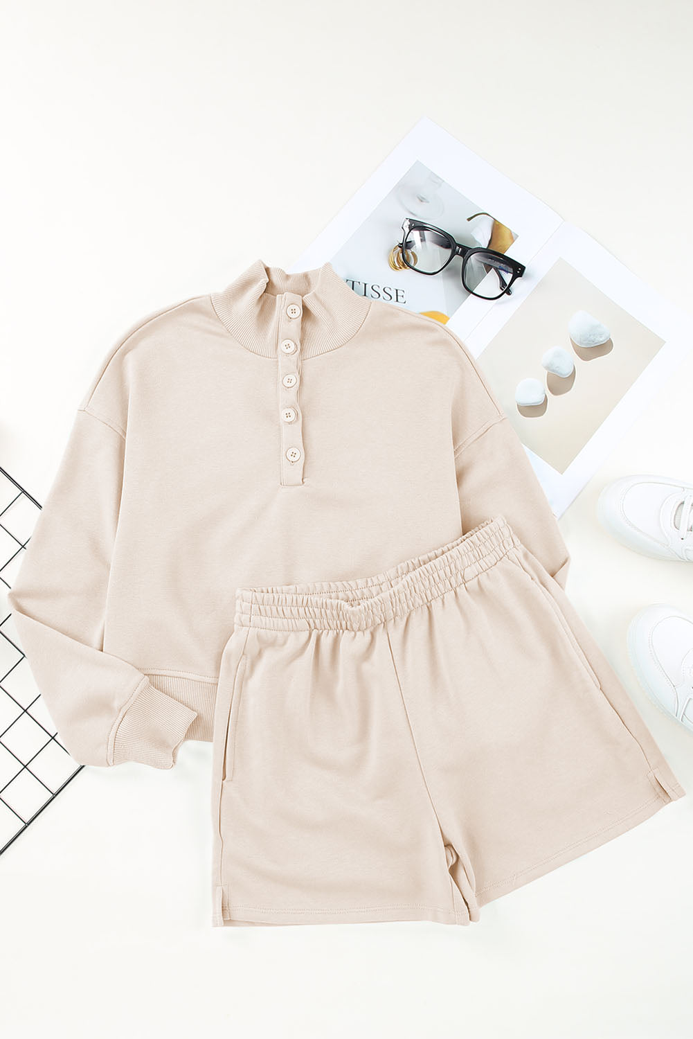 Apricot High Neck Henley Top and Short Outfit