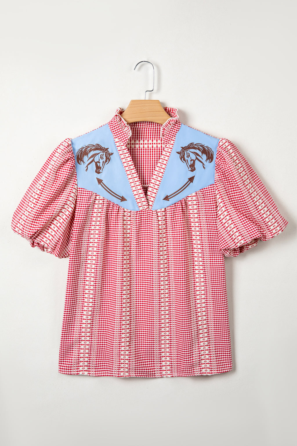 Western Horse Embroidered Gingham Blouse – Puff Sleeve Rustic Summer Top Dear-Lover Dropshipping Tops/Blouses & Shirts