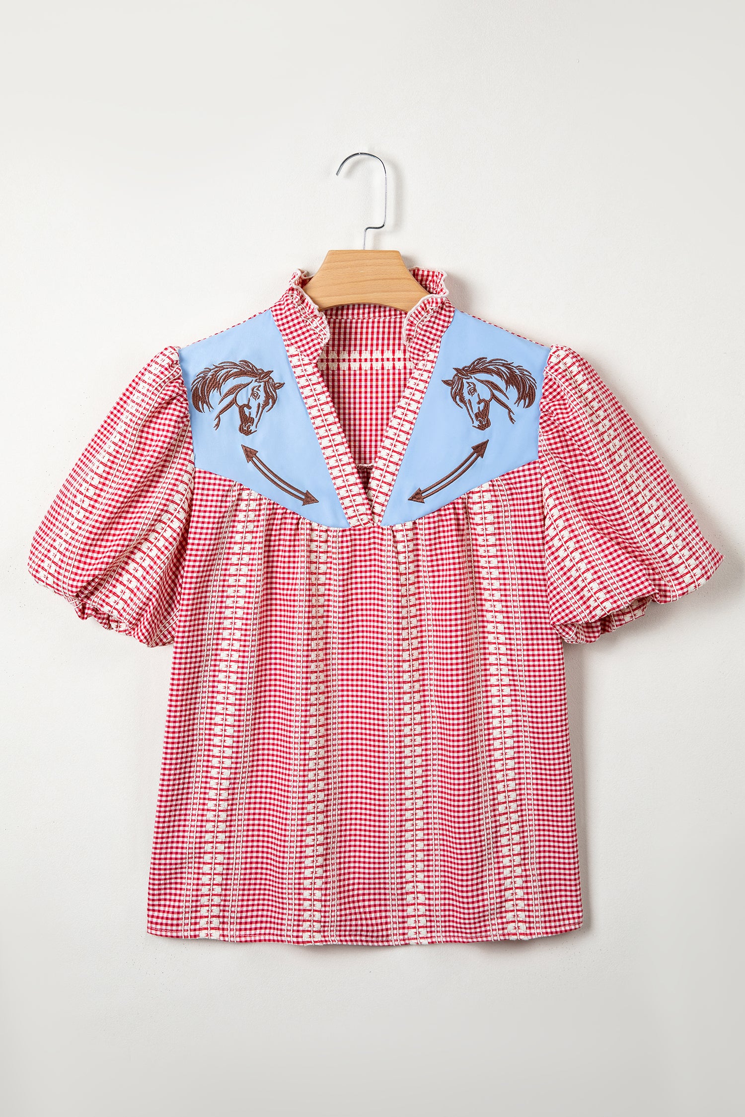 Western Horse Embroidered Gingham Blouse – Puff Sleeve Rustic Summer Top Dear-Lover Dropshipping Tops/Blouses & Shirts