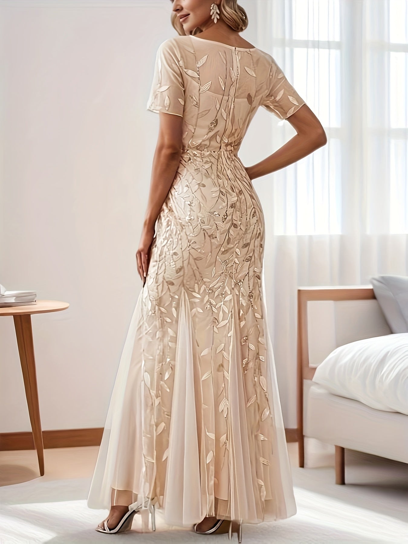Sheer Floral Short Sleeve Evening Gown