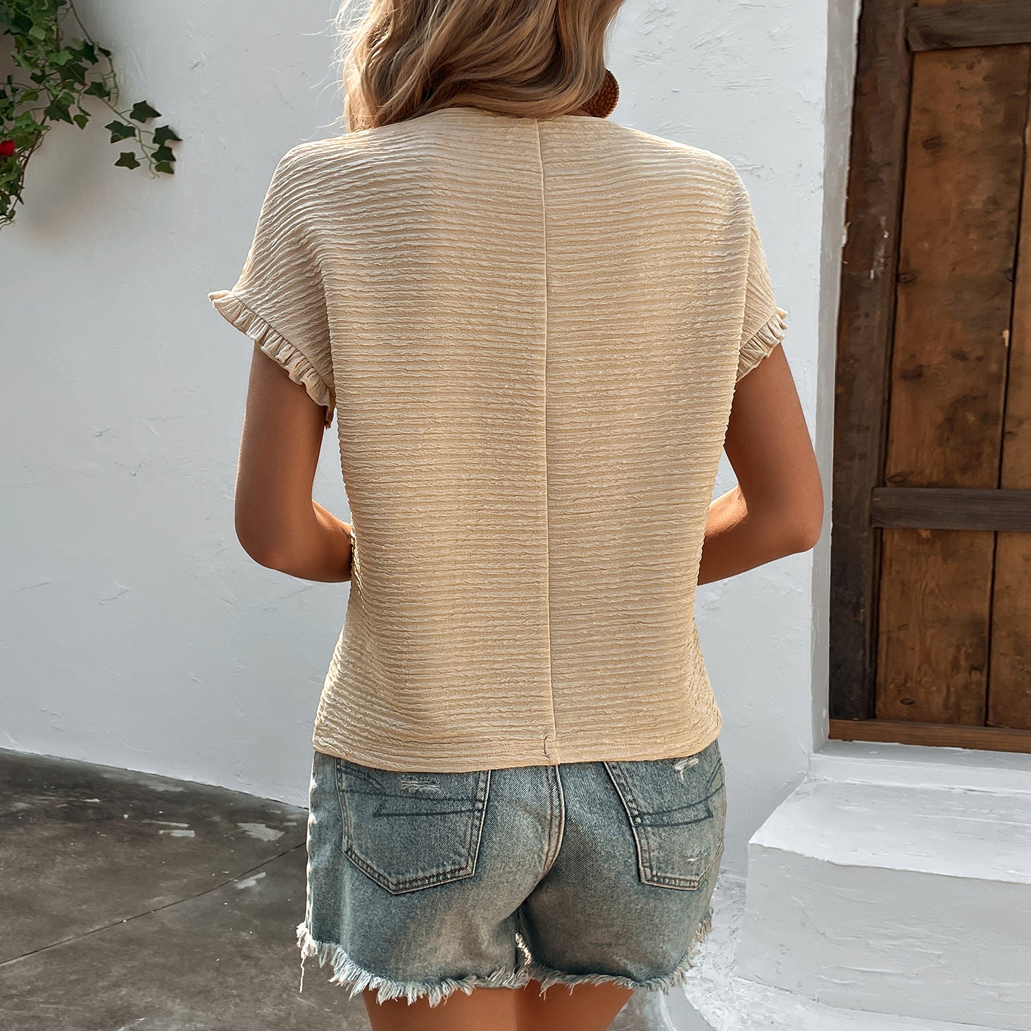 Women’s Ruffle Sleeve Knit Top – Casual Round Neck Commuter Shirt CJ Dropshipping Short Sleeve Knit Top