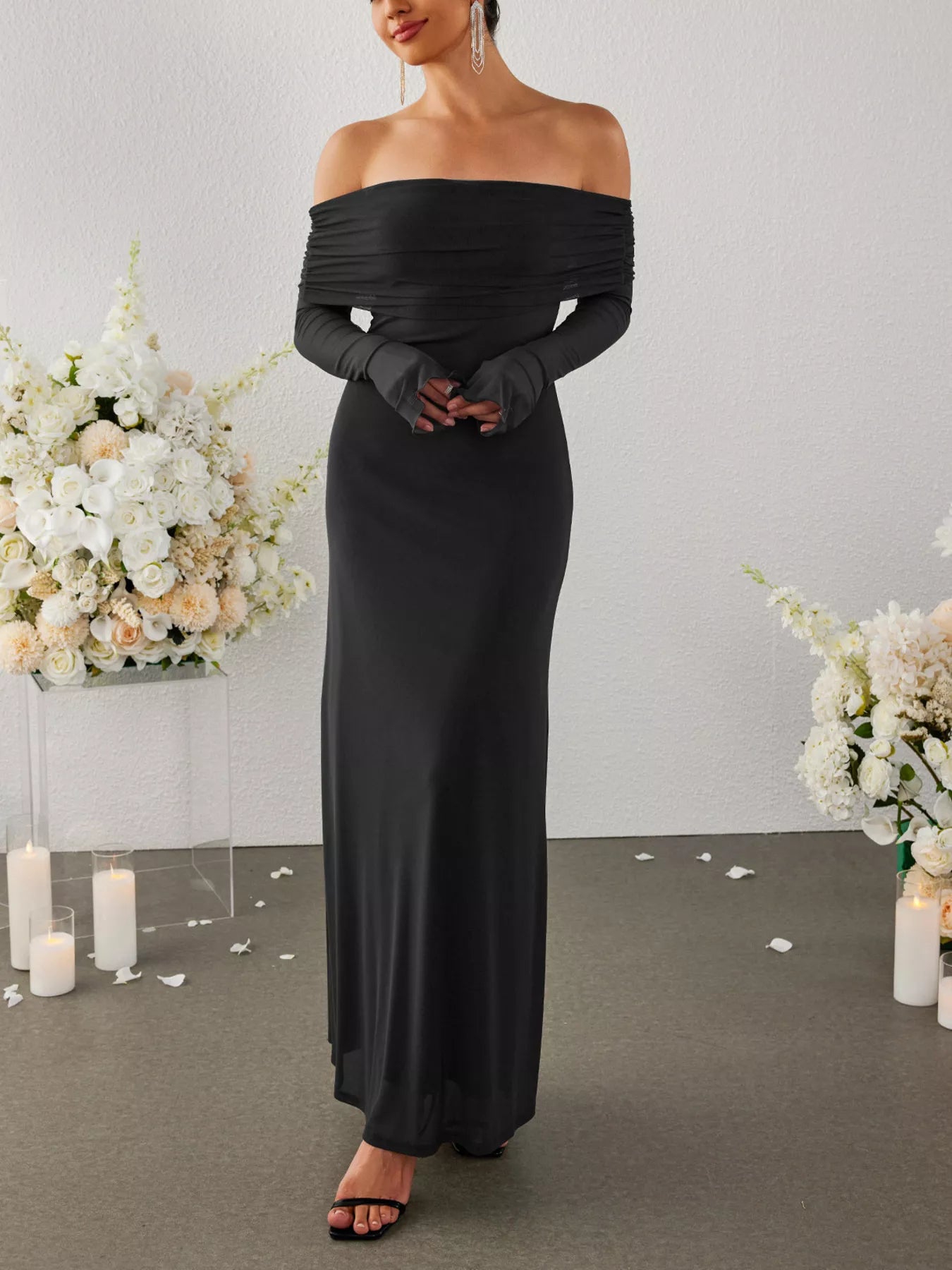 Off-Shoulder Ruched Long Sleeve Maxi Dress Trendsi Off-Shoulder Ruched Long Sleeve Maxi Dress