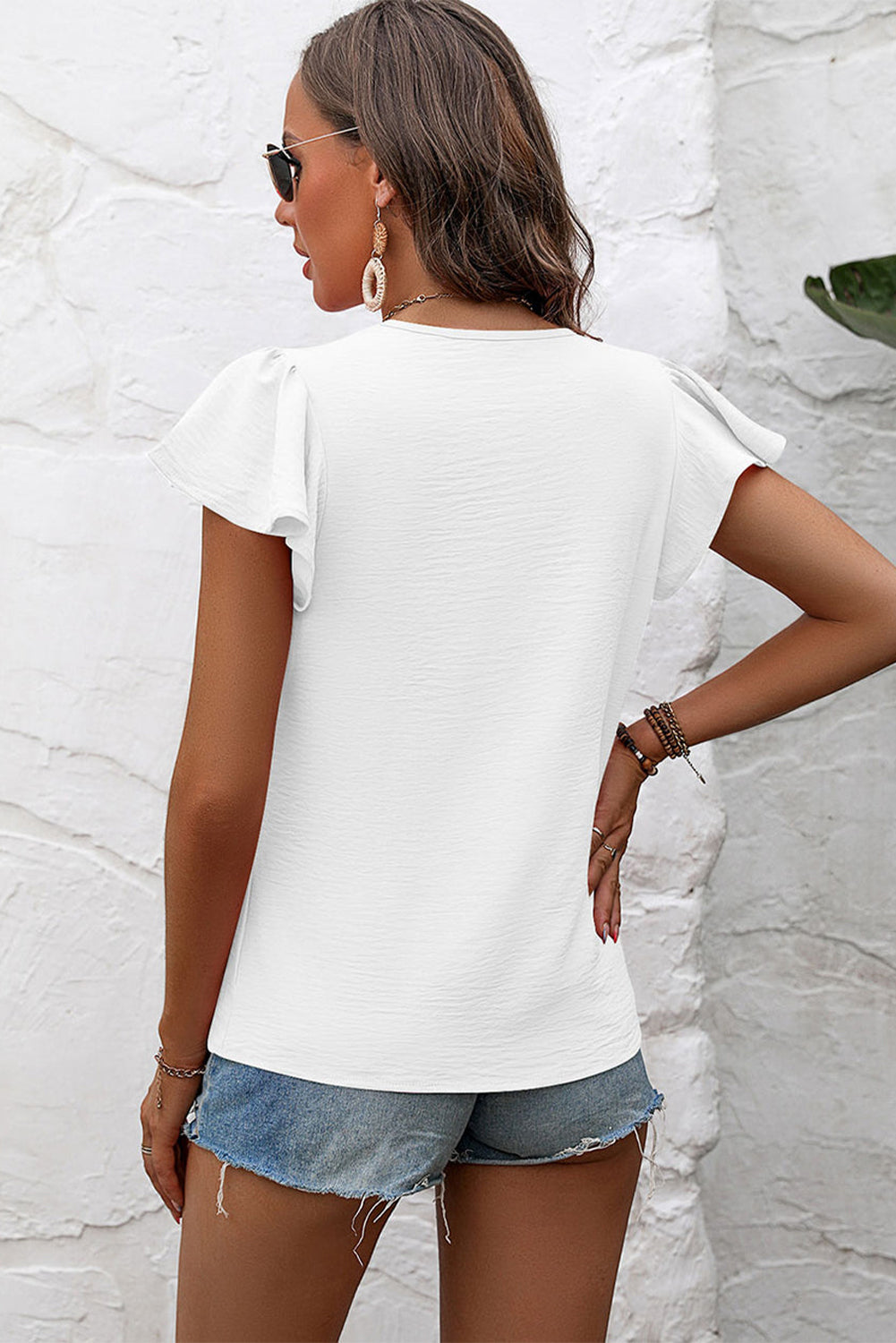 White Pleated Flutter Sleeve Blouse