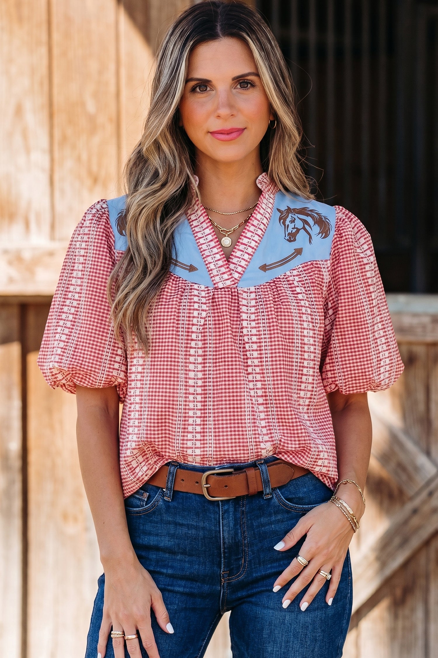 Western Horse Embroidered Gingham Blouse – Puff Sleeve Rustic Summer Top Dear-Lover Dropshipping Tops/Blouses & Shirts
