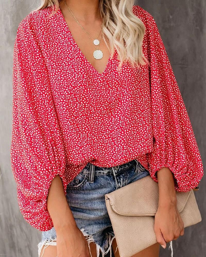 V-Neck Balloon Sleeve Floral Tops