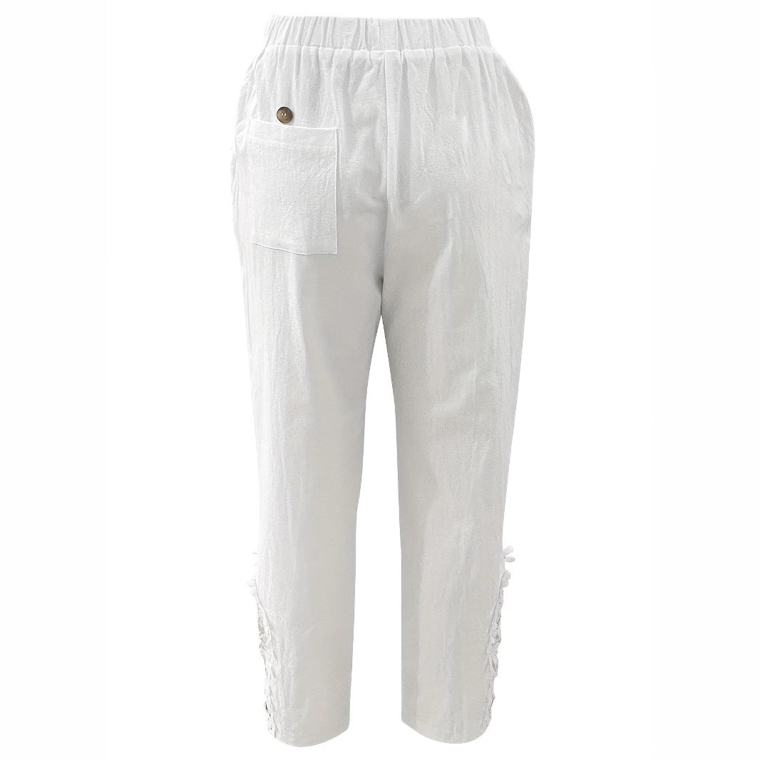 Women’s Lace Cutout Drawstring Straight Pants – Casual Wide Leg Lounge Trousers CJ Dropshipping Light White Cotton Pants