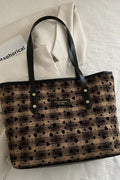 Heart Plaid PU Leather Strap Tote Bag Camel One Size Trendsi Black Heart Plaid PU Leather Strap Tote Bag