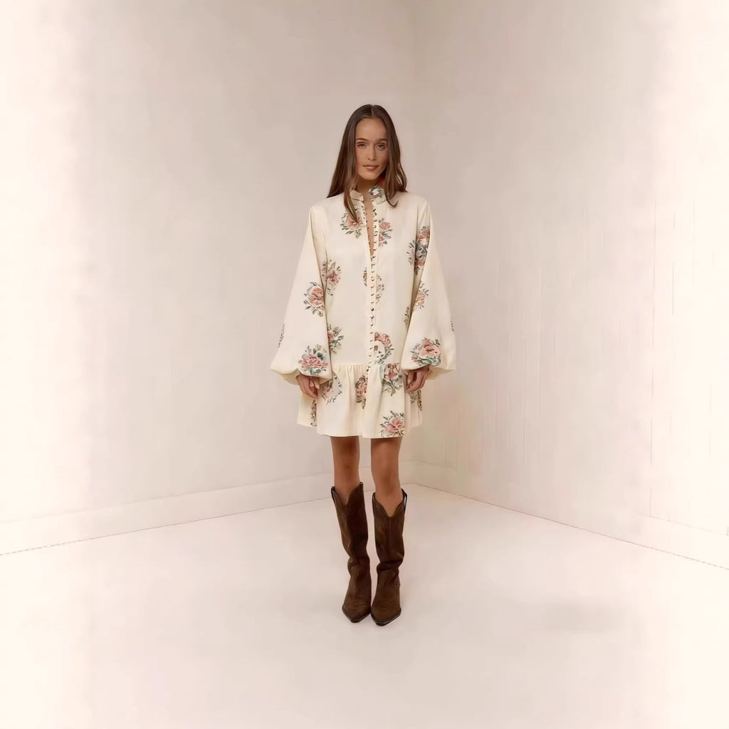 Floral Print Lantern Sleeve Mini Dress CJ Dropshipping Floral Long Sleeve Mini Dress