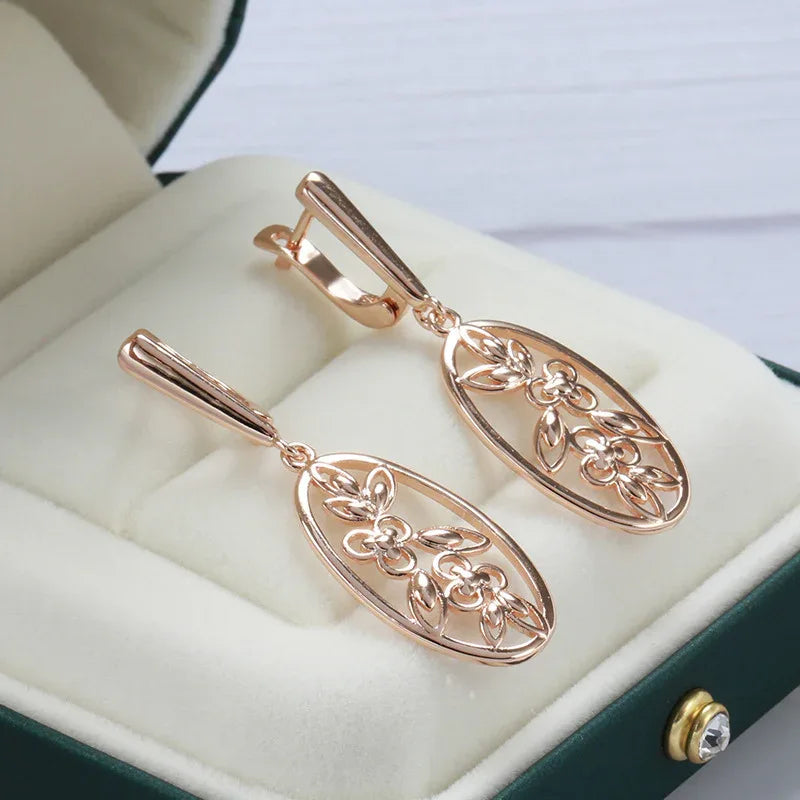 French Retro Hollow Oval Flower Earrings Bazaare Mart Hollow Gold Oval Floral Dangle Earrings