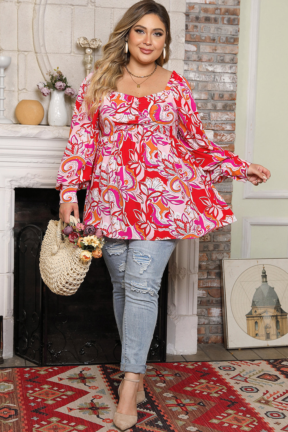 Red Plus Size Floral Scoop Neck Peasant Blouse