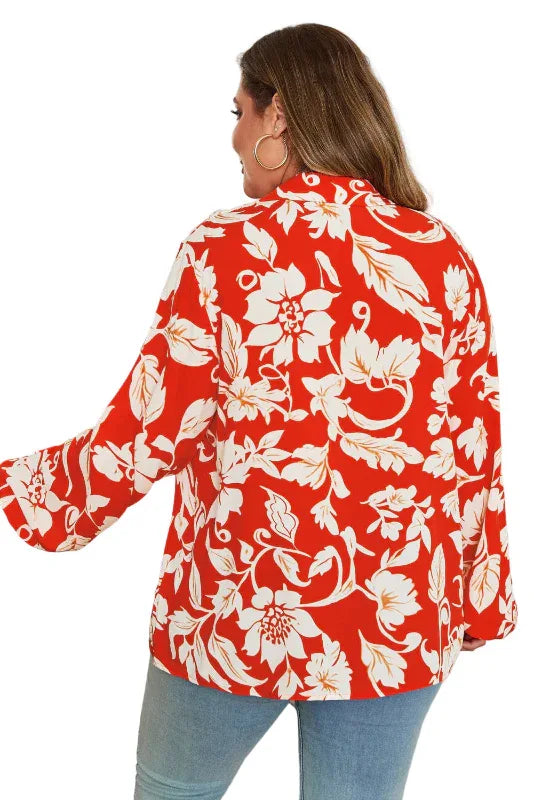 Red Floral Button Up Blouse Bazaare Mart Plus Size/Plus Size Tops/Plus Size Blouses & Shirts
