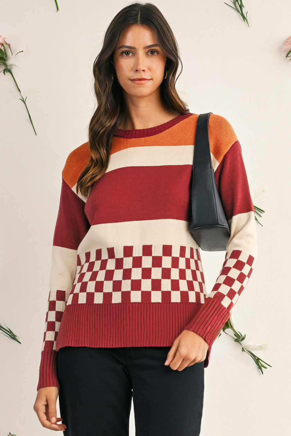 Brown Checkered Colorblock Knitted Drop Shoulder Sweater