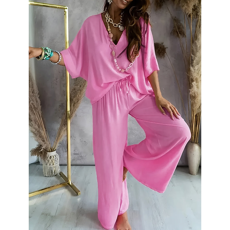 Solid Color V-Neck Half Sleeve Top And Wide Leg Pants Set