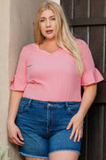 Peach Ruffled Half Sleeve V Neck Textured Plus Top Peach Blossom 97%Polyester+3%Elastane Dear-Lover Plus Size Tops
