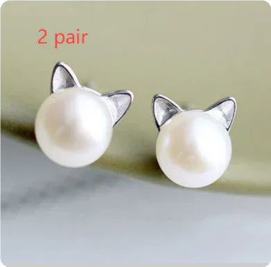 CuteEarrings Silver 2 pair Bazaare Mart Pearl Cat Earrings