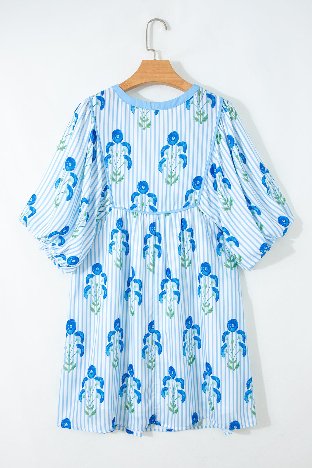 Sky Blue Floral Striped Print Tie Notched Neck Puff Sleeve Flared Mini Dress Dear-Lover Dropshipping Dresses/Floral Dresses