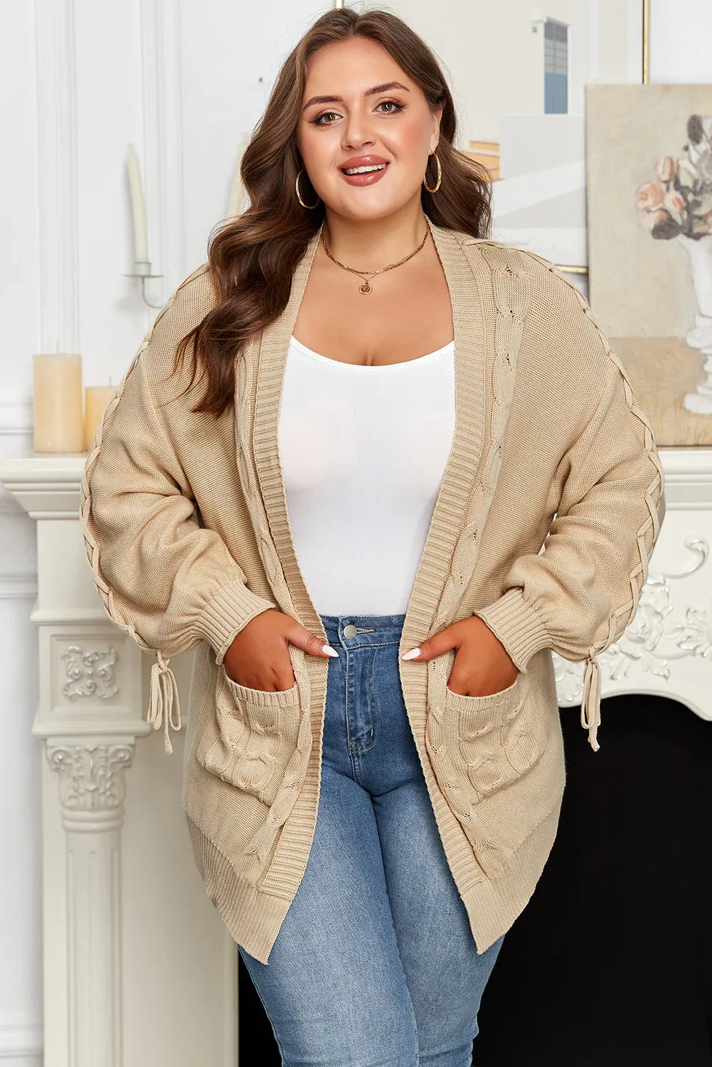 Parchment Cable Knit Braided Open Cardigan Bazaare Mart Plus Size/Plus Size Sweaters & Cardigans