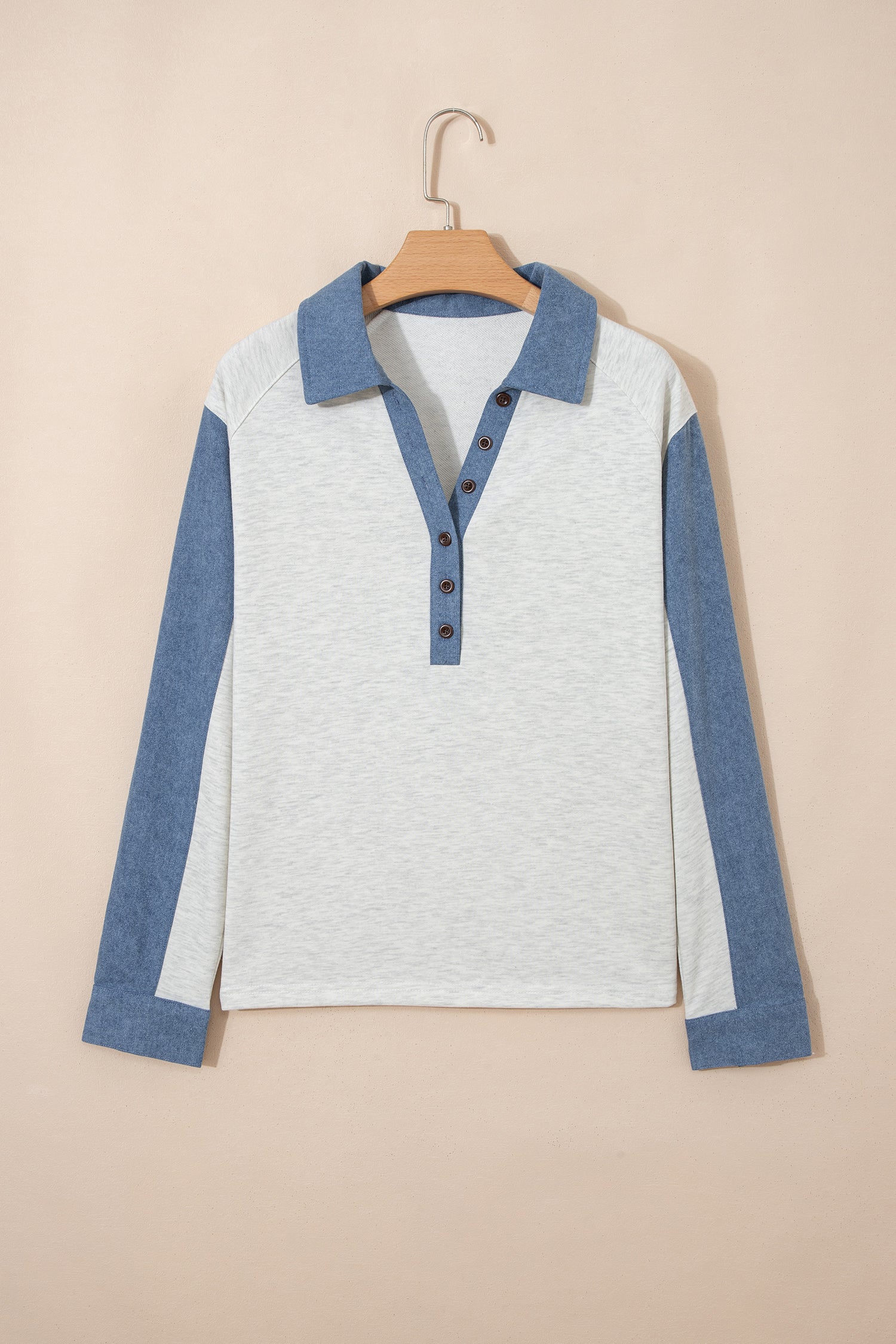 Two-Tone Denim Long Sleeve Polo Shirt Shewin Long Sleeve Tops