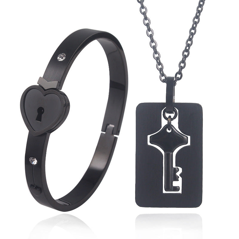 Couple's Black Love Lock Bracelet & Key Necklace Set