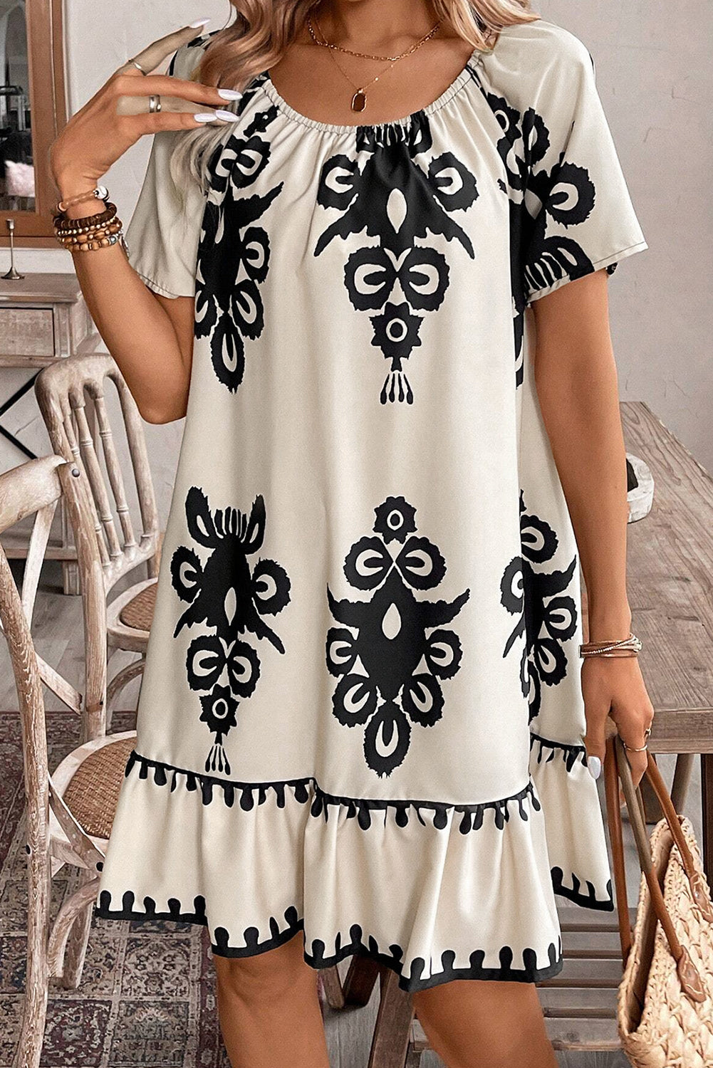 Apricot Print Ruffled Short Sleeve Loose Dress