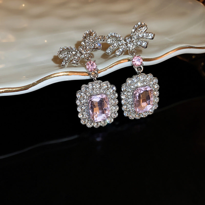 Pink Crystal Emerald Cut Dangle Bow Earrings