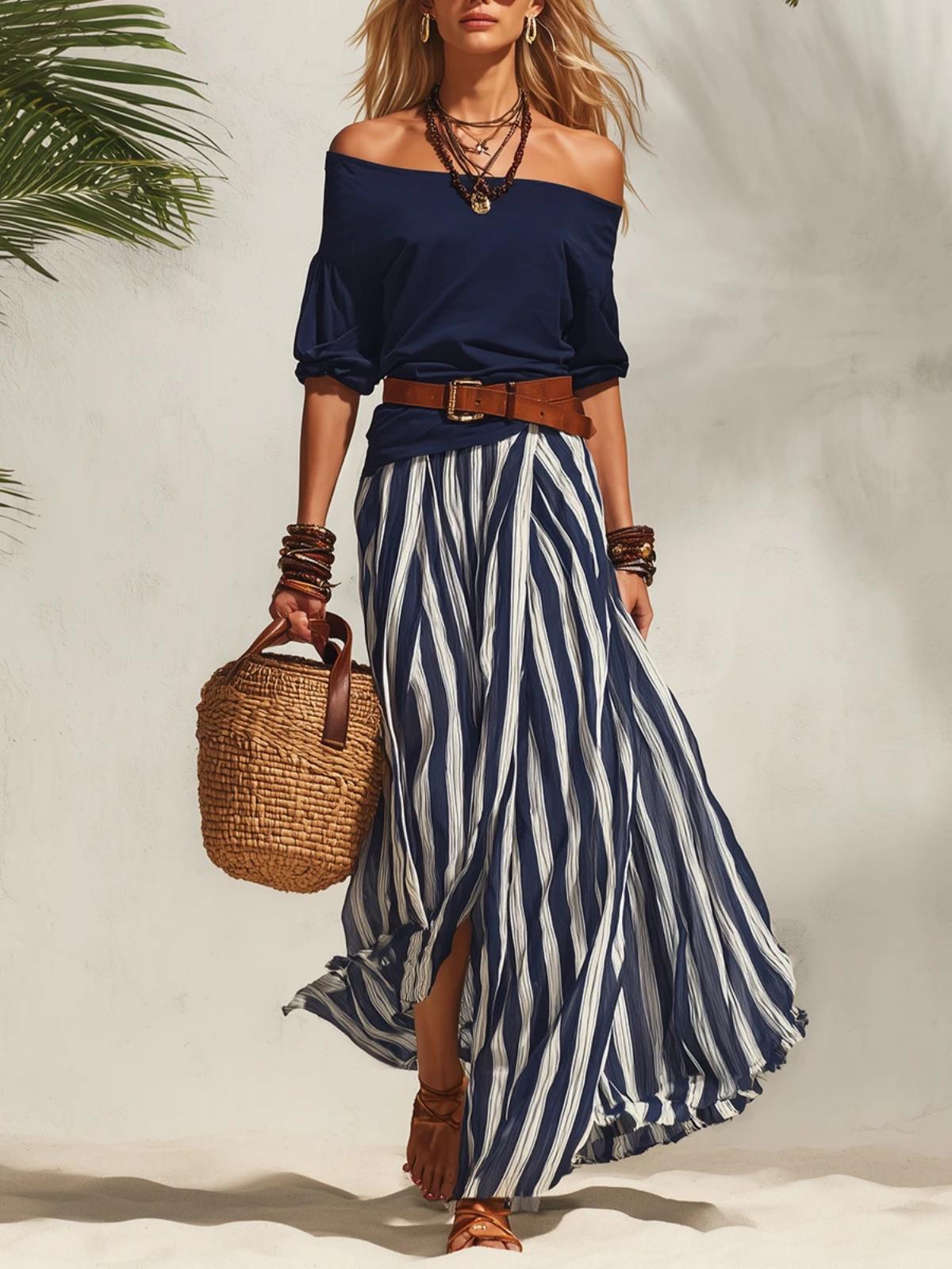 Women’s Off-Shoulder Top & Stripe Slit Maxi Skirt Set – Two-Piece Matching Outfit Navy Blue CJ Dropshipping 2pc. Maxi Skirt Set