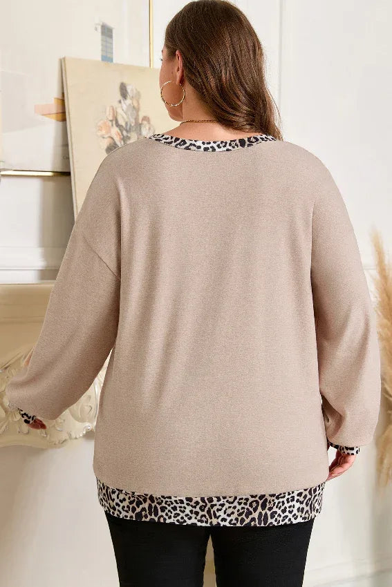 Parchment Leopard Hem V Neck Long Sleeve Top bazaare mart Plus Size/Plus Size Tops/Plus Size Long Sleeve Tops