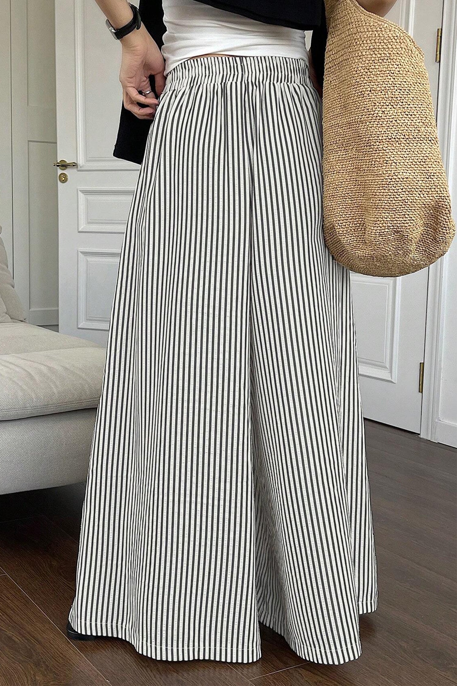 Black Stripe Elastic Waist Ultra Wide Leg Pants Dear-Lover Dropshipping Bottoms/Pants & Culotte