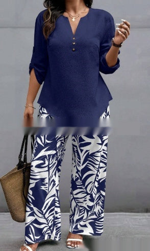 Ladies V-neck Shirt with Tropical Printed Pants 19 Style CJ Dropshipping Tropical Pants Set