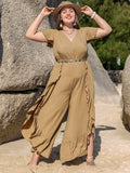 Plus Size Slit Ruffled Camel Jumpsuit Camel Bazaare Mart Khaki Ruffled Jumpsuit