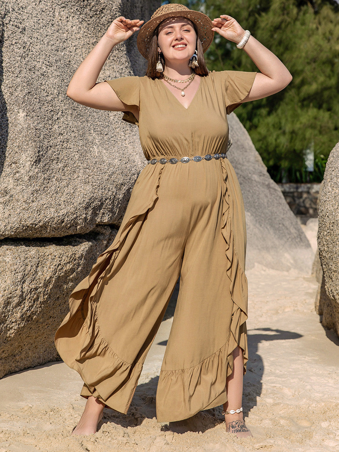 Plus Size Slit Ruffled Camel Jumpsuit
