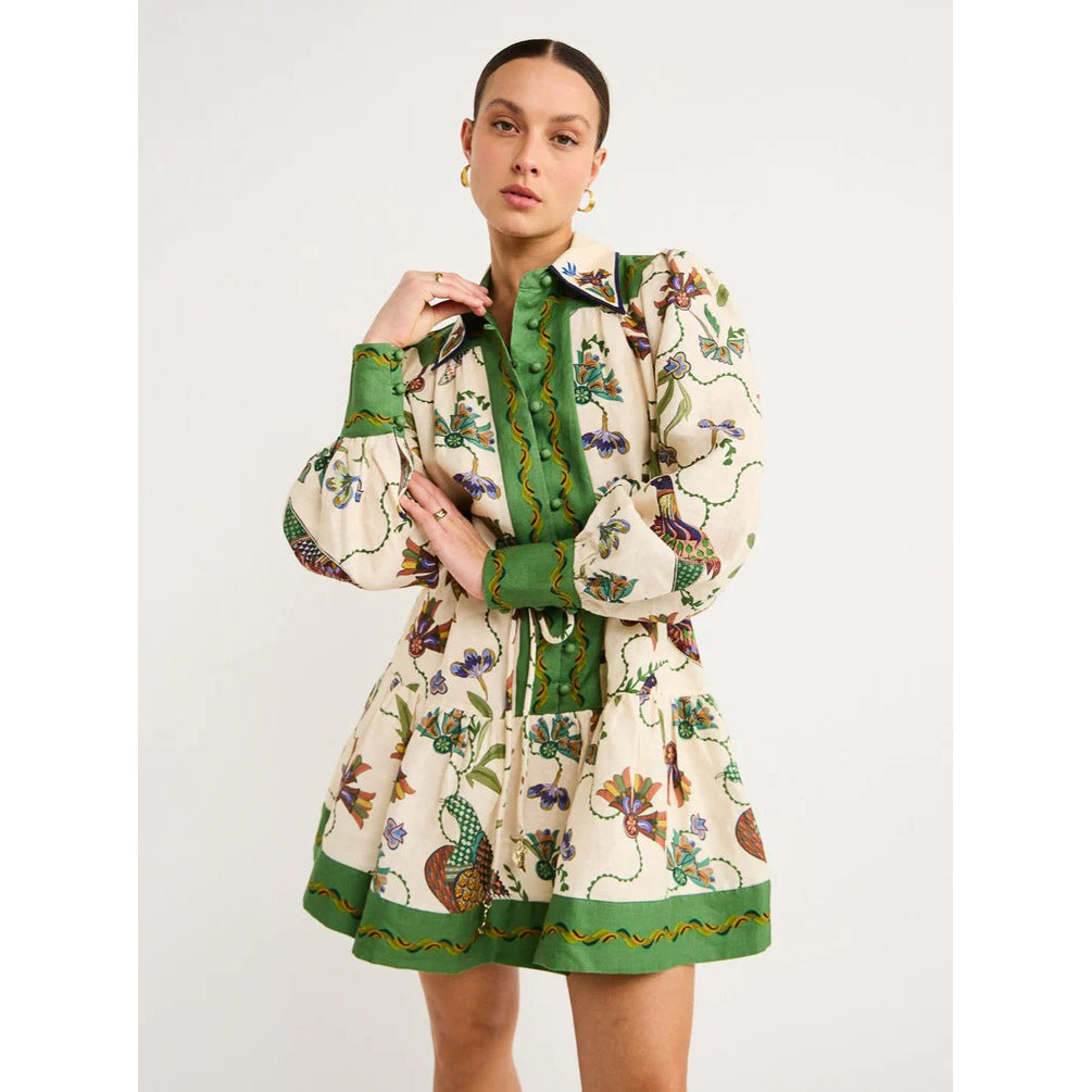 Women’s Floral Print Long Sleeve Mini Dress – Lace-Up Lapel Shirt Dress CJ Dropshipping Classy Green Floral Dress