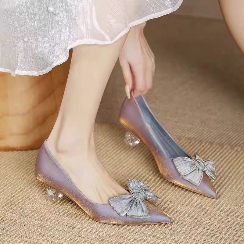 French Style Pointed Toe Chunky Low-heel Bow Detail Pumps CJ Dropshipping Pointed Toe Low Heel French Shoes