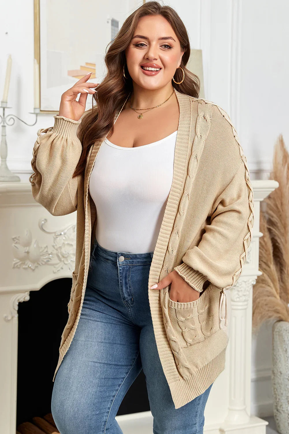 Parchment Cable Knit Braided Open Cardigan Bazaare Mart Plus Size/Plus Size Sweaters & Cardigans