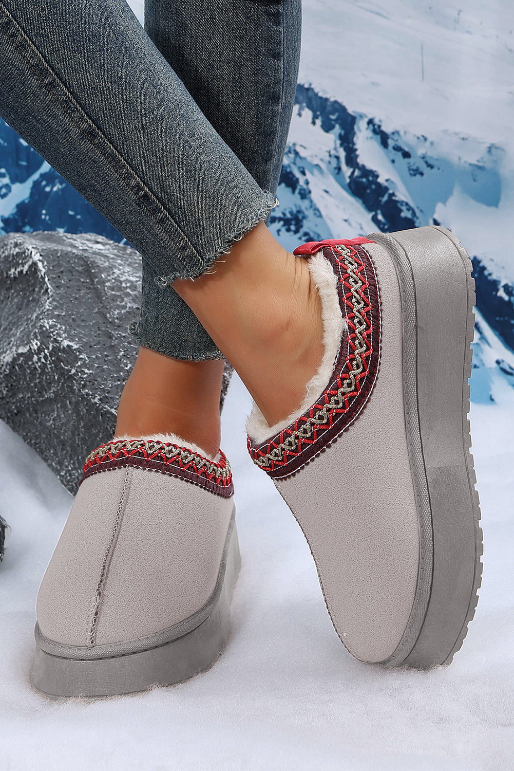 Suede Fur Trim Thick Flat Slippers