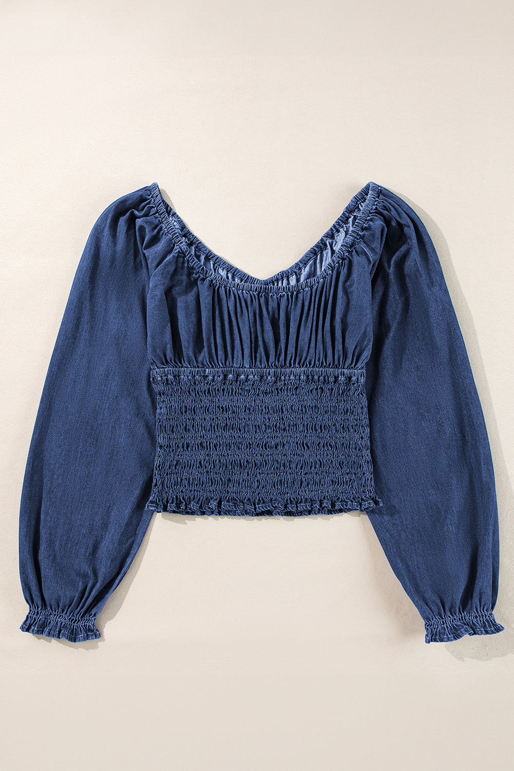 Dark Blue Smocked Ruffled Puff Long Sleeve Denim Blouse