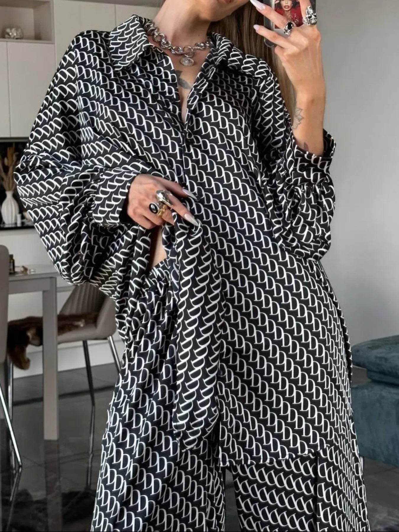 Printed Button Up Long Sleeve Shirt and Pants Set Trendsi Printed Pants Set