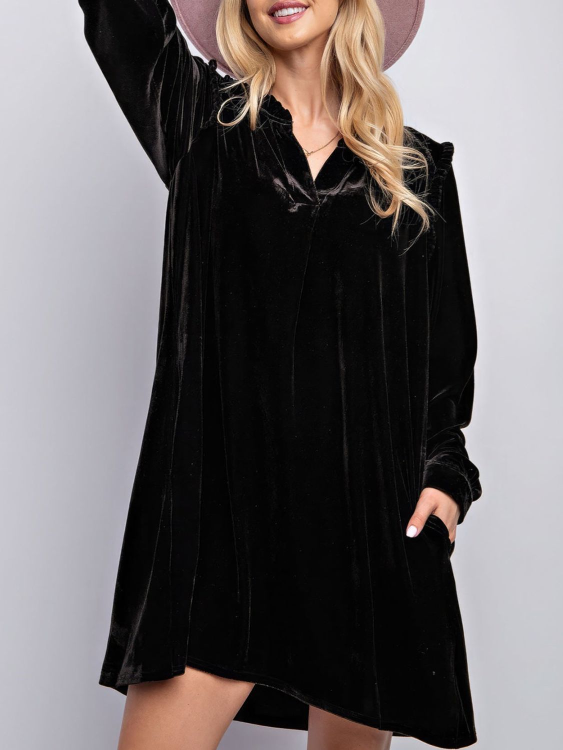 Velvet Long Sleeve Dress with Pockets
