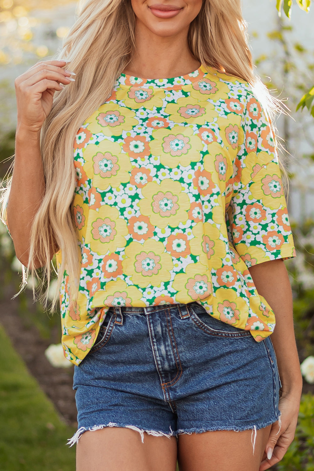 Yellow Summer Flower Printed Drop Shoulder Loose T Shirt Dear-Lover Dropshipping Tops/Tops & Tees