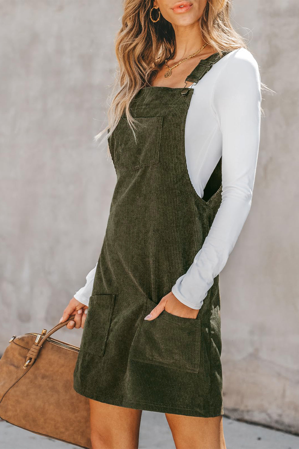 Army Green Corduroy Overall Dress