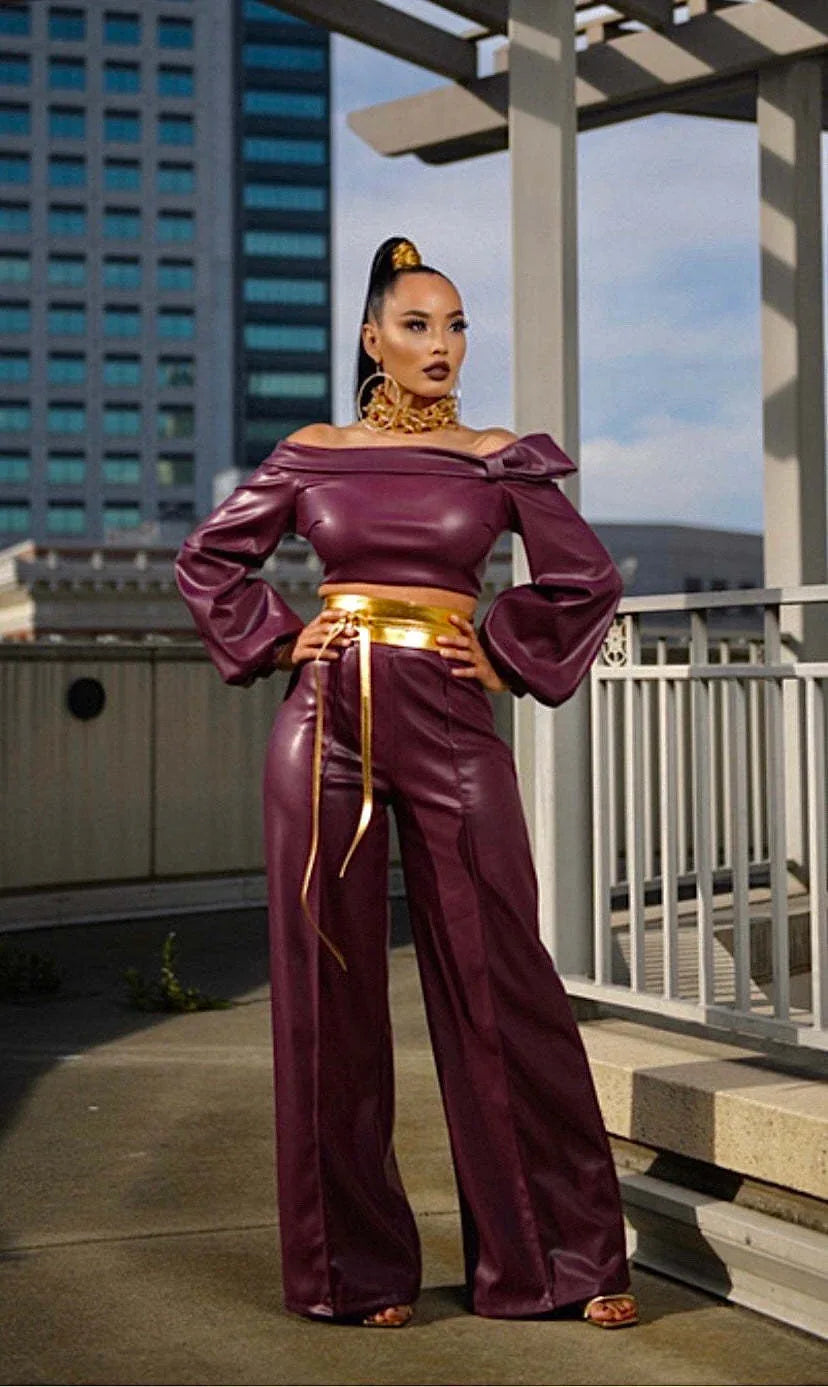 Purple PU Leather 2pc Suit Bazaare Mart Leather Pants Outfit