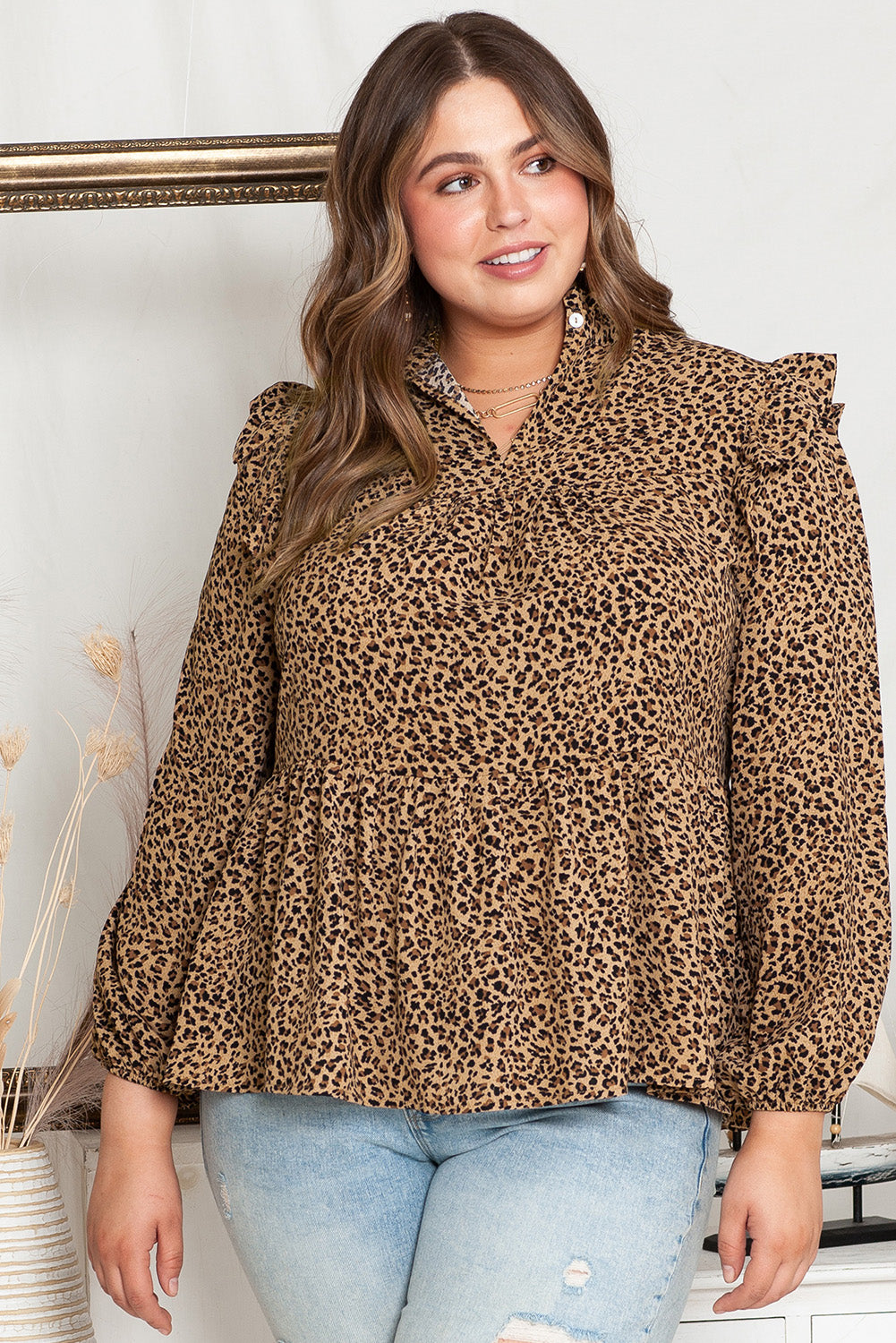 Leopard Long Sleeve Frilled Shoulder Plus Size Blouse