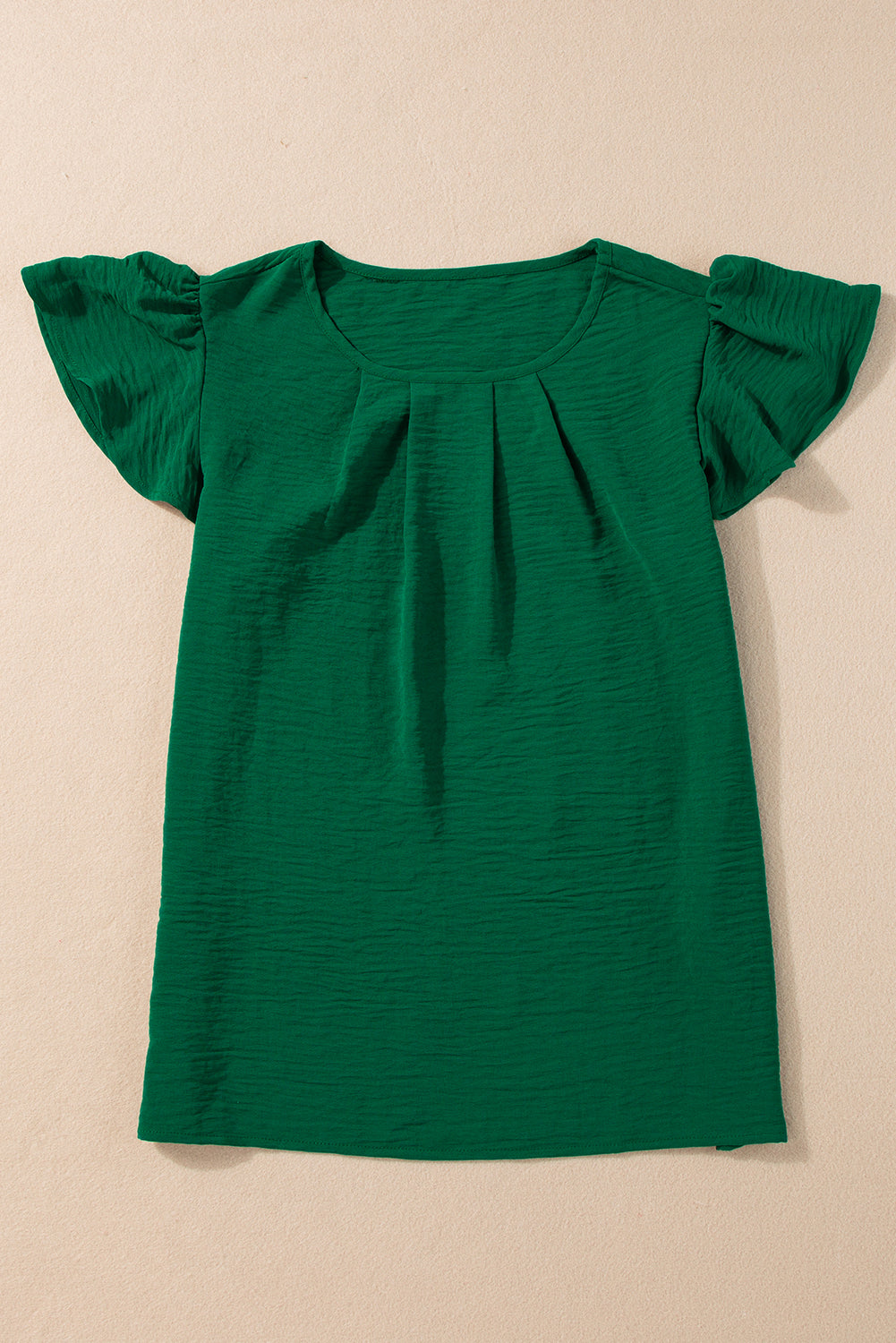 Dark Green Pleated Flutter Sleeve Blouse