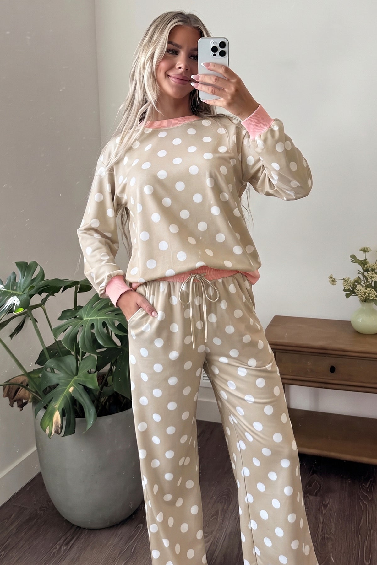 Polka Dot Contrast Trim Top & Drawstring Pants Set