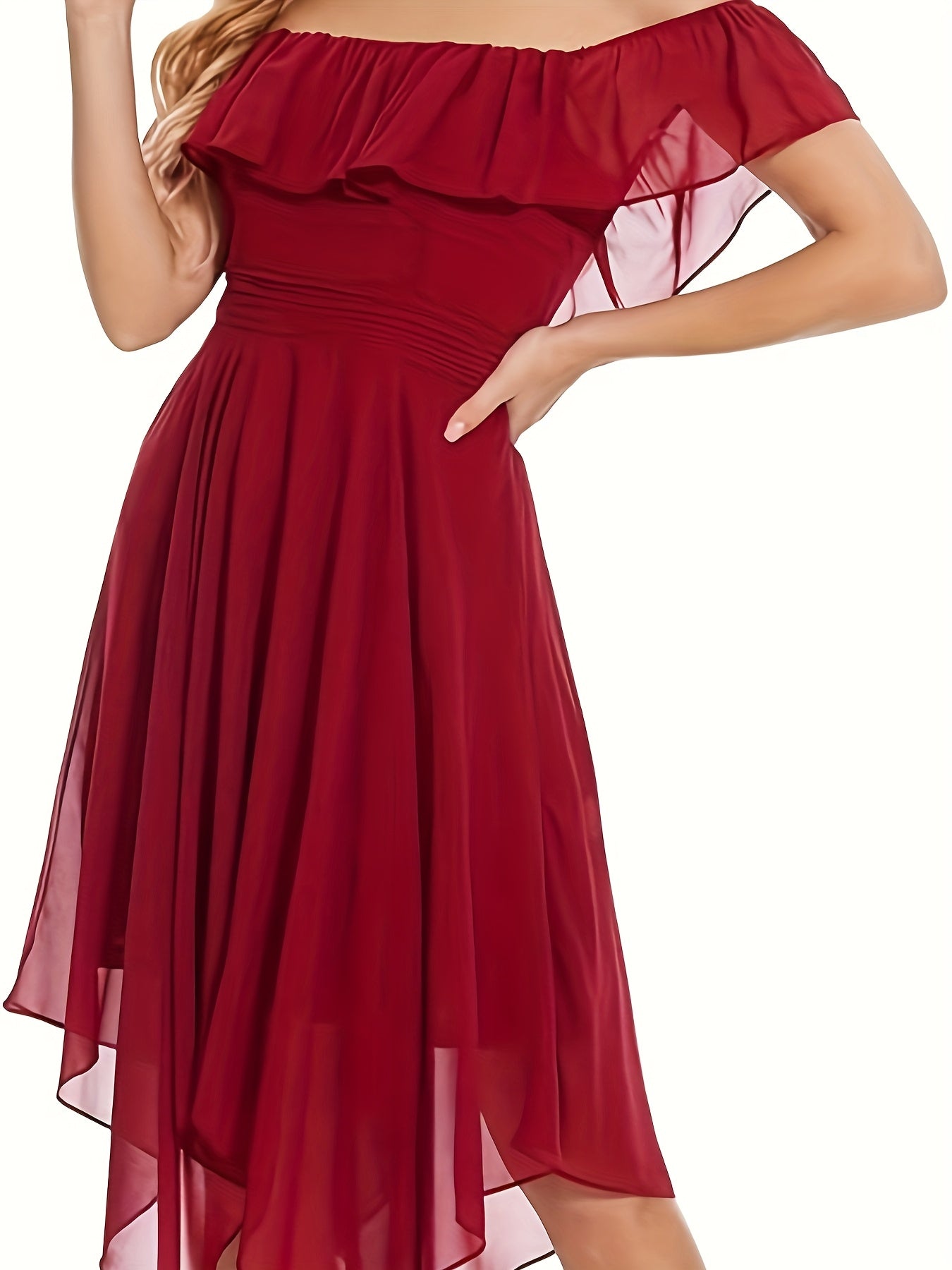 Red Flowy Off-the-Shoulder Bridesmaid Dress 