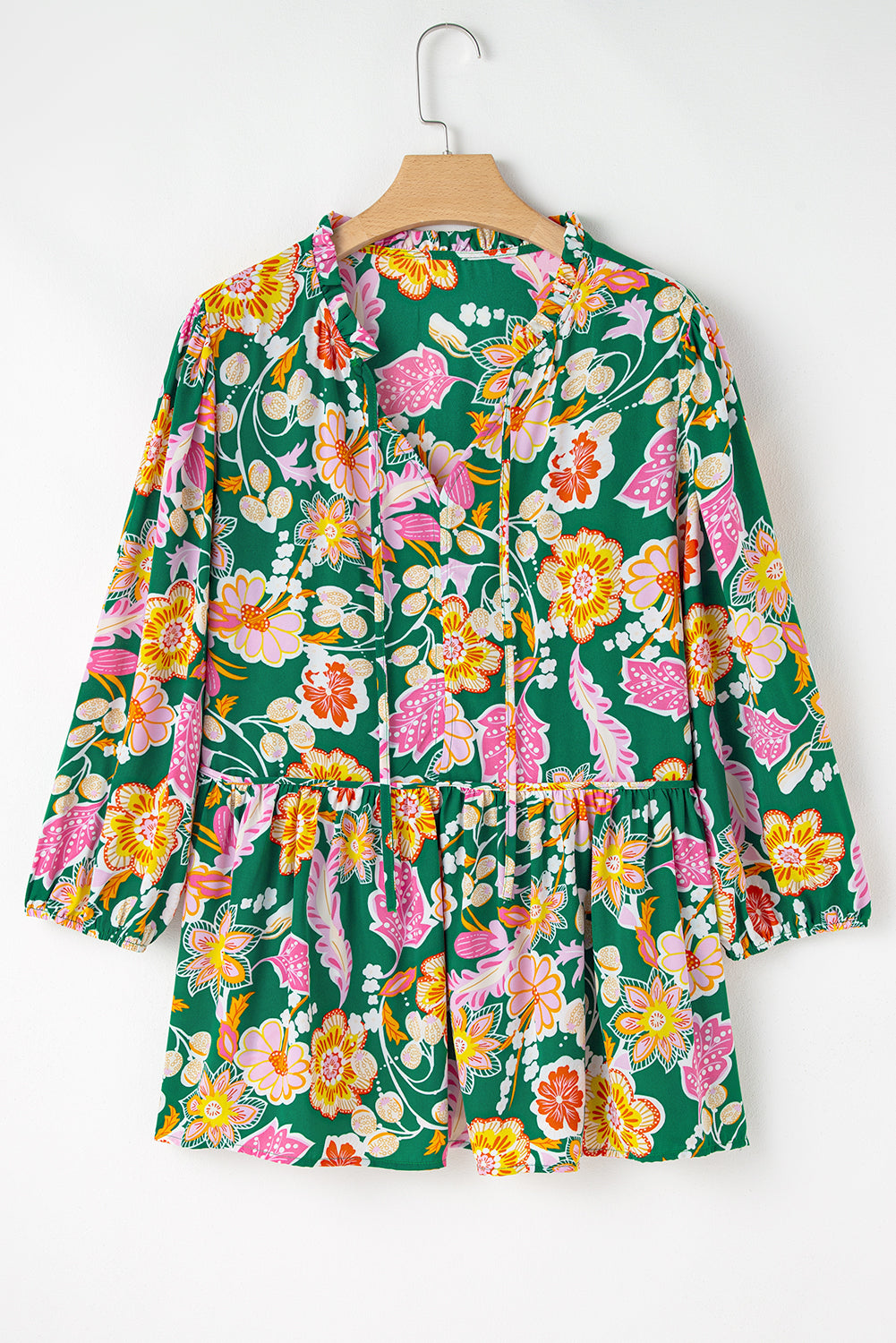 Green Floral Long Sleeve Babydoll Top