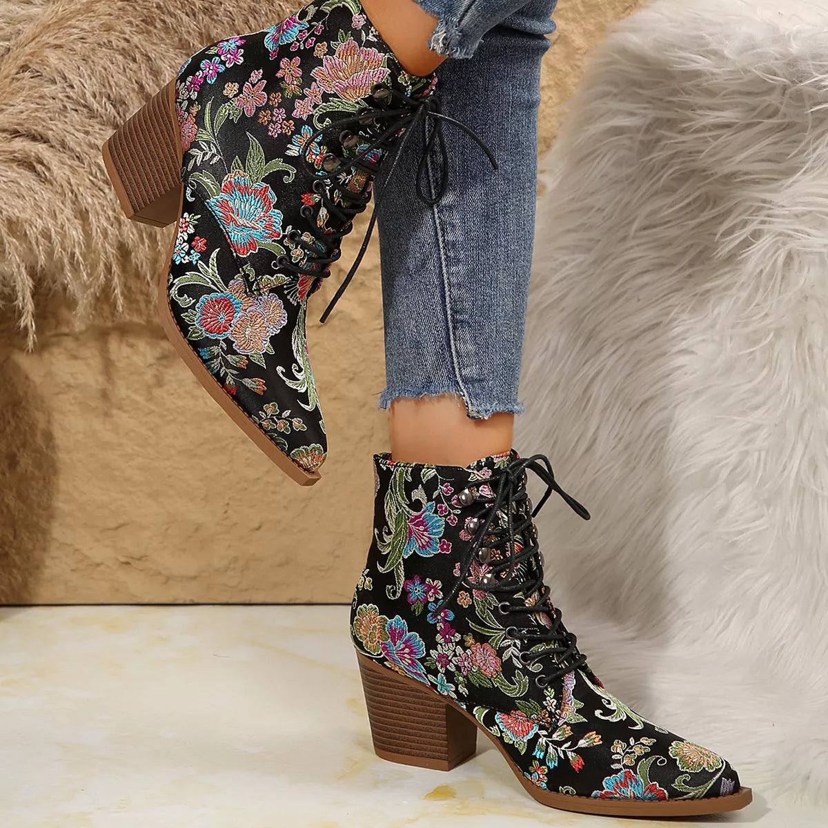 Floral Pointed Toe Block Heel Booties Bazaare Mart Booties