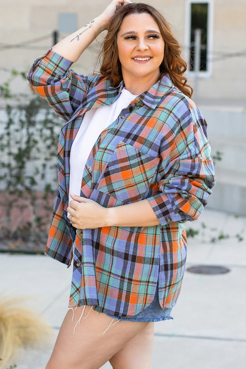 Orange Plus Size Plaid Print Buttoned Shirt Dear-Lover Dropshipping Plus Size/Plus Size Tops/Plus Size Blouses & Shirts