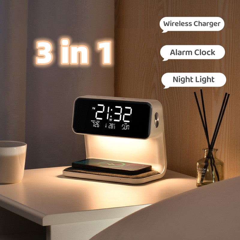 3 In 1 Wireless Bedside Lamp Alarm Clock Phone Charger 