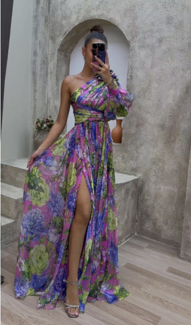 One-shoulder Long-sleeved Maxi Dress Picture Color CJ Dropshipping Single Long Sleeve Wrap Around Maxi Dres